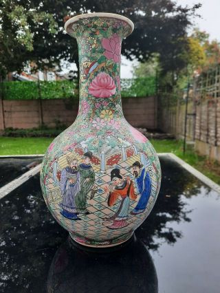 Chinese Porcelain Famille Rose Large Bottle Vase,  6 Character Mark On The Base.