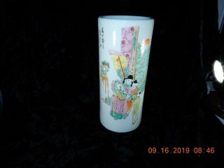 Antique Chinese Famille Rose Porcelain Cylinder Vase 11 Inch 18th Century Style