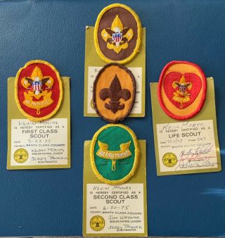 5 Vintage 1970s Boy Scout Rank Badge Patches W/ Cards Bsa Uniform Sash Patch