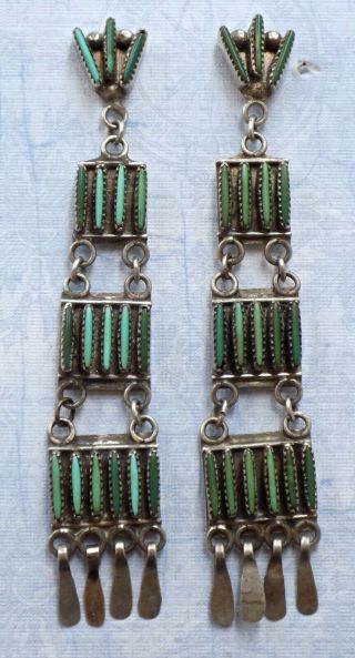 Vintage Old Long Dangle Zuni Sterling & Petit Point Turquoise Earrings