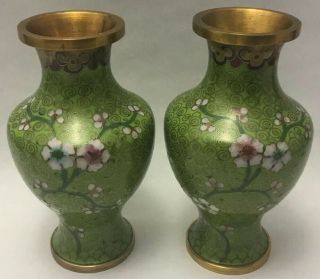 Antique Chinese Gold - Gilt Bronze Cloisonne Pair Export Vases Green Floral 5”tall