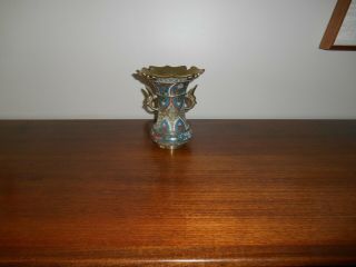 Cloisonne Antique Chinese Brass & Enamel Floral Vase W/ Applied Elephant Handles