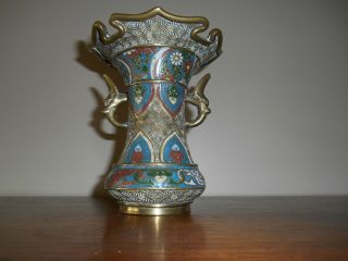 Cloisonne Antique Chinese brass & enamel floral vase w/ applied elephant handles 2