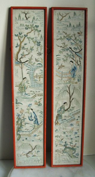 2 Vintage Chinese Embroidery Silk Textile Pictures 50.  5cm X 10.  5cm