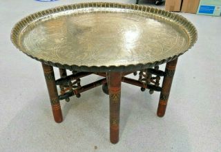 Handcrafted Egyptian Revival Brass Tray Table With Wooden Base