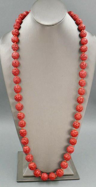 Fine Antique Chinese Carved Red Cinnabar Lacquer Bead & Silver Clasp Necklace