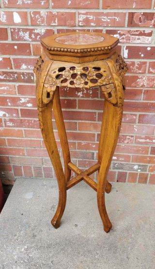 Vtg Oriental Asian Marble Top Plant Stand Carved Rosewood Table 37 " 3