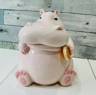 Vintage 1980’s Fitz And Floyd Ceramic Hippopotamus Hippo Cookie Jar Pale Pink