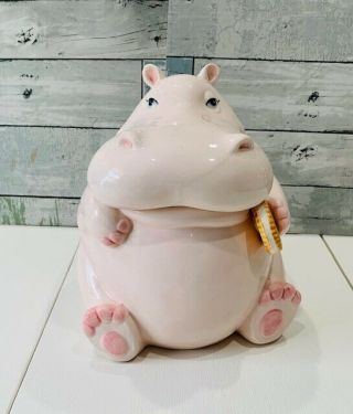 Vintage 1980’s Fitz And Floyd Ceramic Hippopotamus Hippo Cookie Jar Pale Pink 2