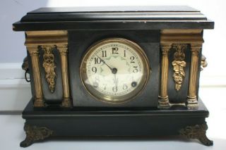 Old Antique Vintage Sessions Mantle Clock Black Lacquer Gold Columns Lions