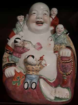 Vintage Chinese Porcelain Happy Buddha Statue With 5 Children,  Signed,  Numbered