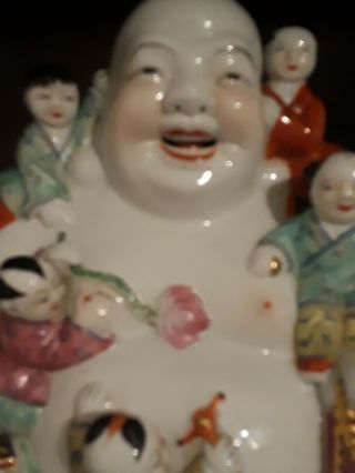 Vintage Chinese Porcelain Happy Buddha Statue with 5 children,  signed,  numbered 2