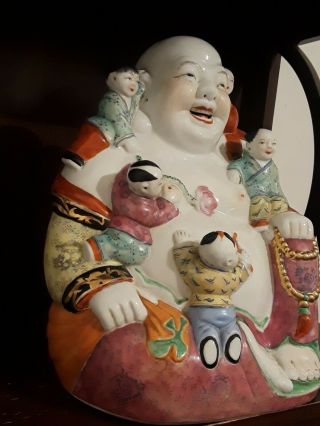 Vintage Chinese Porcelain Happy Buddha Statue with 5 children,  signed,  numbered 3