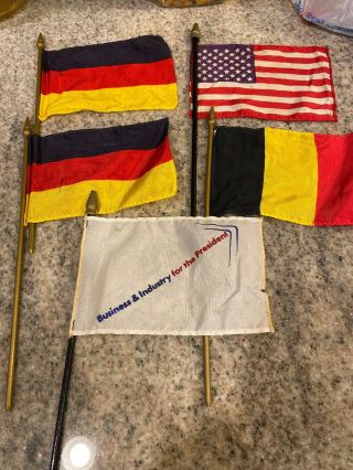 5 Vintage 4 " X 6 " Parade Flags Cotton W/ Wooden Sticks W/gold Finials