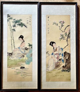 Chinese Oriental Watercolour Paintings On Silk Young Lady’s In The Countryside