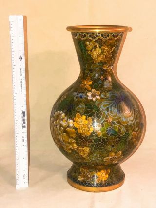 Antique Chinese Brass And Enamel Cloisonné Vase Blue & Green Floral 12 " Tall