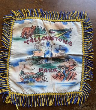 Vintage Yellowstone National Park Fringed Souvenir Pillow Sham Cover 12” Square