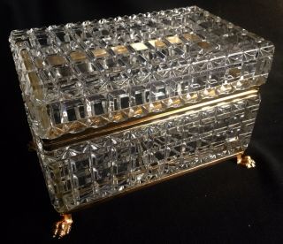 Large Vintage/ Antique French Gilt Brass Cut Crystal Casket Paw Foot Jewelry Box