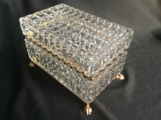 Large Vintage/ Antique French Gilt Brass Cut Crystal Casket Paw Foot Jewelry Box 2