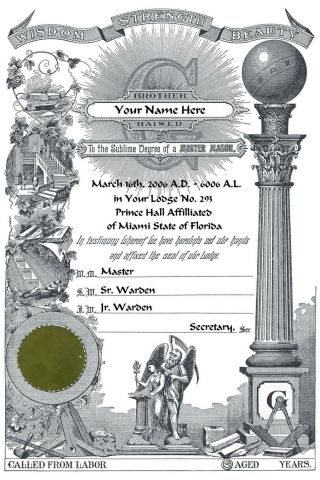 Personalized Prince Hall Pha Masonic Master Mason Certificate Ring Art Record
