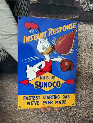 Old Vintage Sunoco Oil Gasoline Porcelain Enamel Gas Pump Sign Motor Donald Duck
