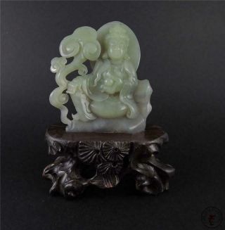 Large Antique Old Chinese Celadon Nephrite Jade Carved Statue Figure Of Kwan Yin