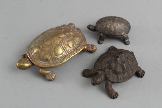 3 Antique Miniature Cast Iron & Bronze Turtle Tortoise Sculpture Figural Boxes