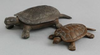 2 Antique Miniature Cast Iron & Bronze Turtle Sculpture Figural Box