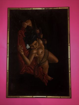 Vintage Black Velvet Signed Nude Woman Mid Century Painting
