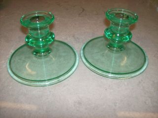 Vintage Depression Glass Pair Set Green Candle Holders 3.  5 " Tall