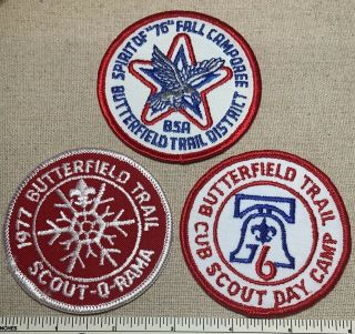 3 Vtg 1976 - 77 Butterfield Trail Boy Scout Event Patches District Council Camp