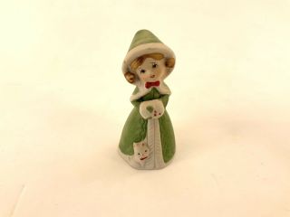 Merri - Bells Christmas Bell Vintage Jasco 1978 Girl With Cat Green Coat Porcelain