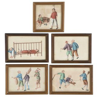 19th Century Qing Dynasty Antique Watercolor Paintings On Pith Paper,  Set Of 5