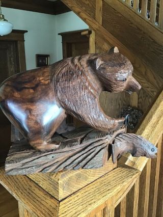 Unique Hand Carved Ironwood Grizzly Bear With Fish Figurine Wood Carving