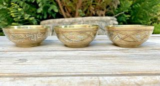 X3 Middle Eastern Brass Finger Bowls With Silver & Copper Overlay