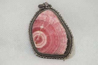 Vtg Handmade Rose Pink Agate Polished Stone Beaded Sterling Silver 925 Pendant