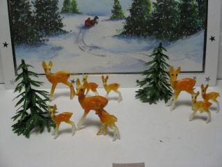 9 Small Vintage Miniature Plastic Deer Figure & Trees Christmas Craft Decoration