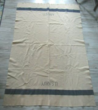 Vintage U.  S.  Navy 100 Wool White W/blue Band Blanket 72 " X 50 "