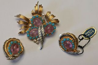 Vintage Jomaz Joseph Mazer Goldtone Rhinestone Turquoise Jelly Pin & Earrings Se
