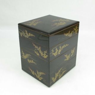 E336: Japanese Really Old Smallish Tier Of Lacquered Boxes Jubako With Makie