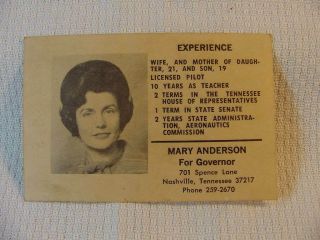 Mary Anderson For Governor Tennessee Democratic Primary 1970 Campaign Card