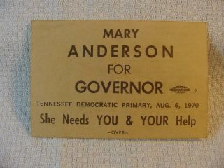 Mary Anderson For Governor Tennessee Democratic Primary 1970 Campaign Card 2