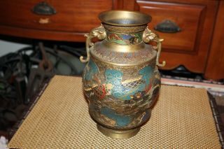 Antique Japan Champleve Vase Bronze Brass Dragon Bird Elephant Handles