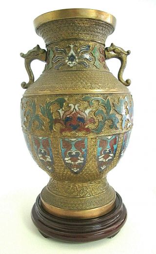 Large Antique Asian Bronze/brass Champleve Cloisonne Enamel Vase/lamp W/base