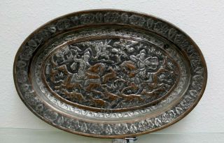 Antique Fine Persian Oval Tray Hand Hammered Copper Hunt Scene 100 Years Old