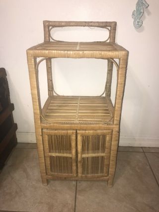Vintage Mcm 2 Tier Shelf Wicker Rattan Cabinet Unit Boho Chic Tiki Shelves