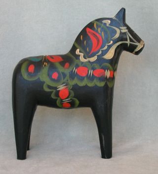 Vintage Swedish Black Dala Horses Nils Olsson Hand Painted,  Label 5 " X 6 ",