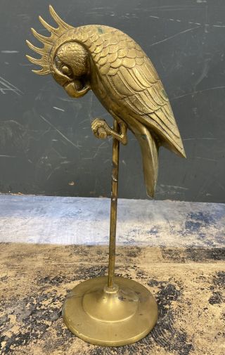 Vintage Brass Parrot Cockatoo Bird Stand Tropical Rainforest Island Patina Heavy