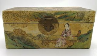 Chinese Pigskin Box Hand - Painted Vellum Oriental Jewellery Storage Antique 2