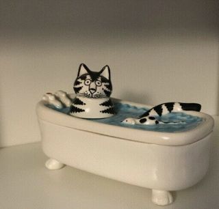 B Kliban Cat In Bathtub With Mouse Ceramic Jewelry Box,  Soap Dish,  Candy Jar